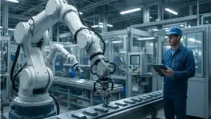 un homme contrôle l’automatisation des lignes de production dans son industrie