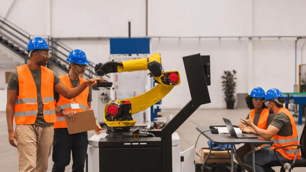 4 ouvriers utilisent un robot collaboratif dans une usine