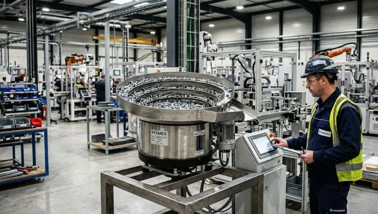 un ouvrier utilise un bol vibrant dans une usine