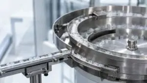Bol vibrant industriel orientant des pièces fragiles en plastique sur une ligne d’alimentation automatique