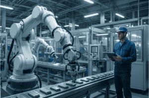 un homme contrôle l’automatisation des lignes de production dans son industrie