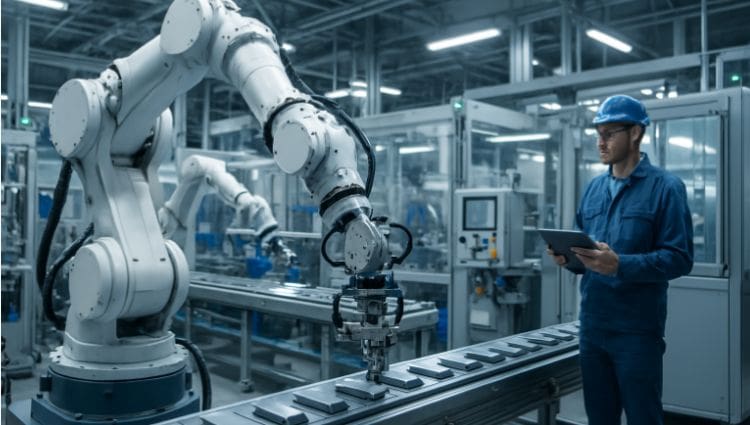 un homme contrôle l’automatisation des lignes de production dans son industrie