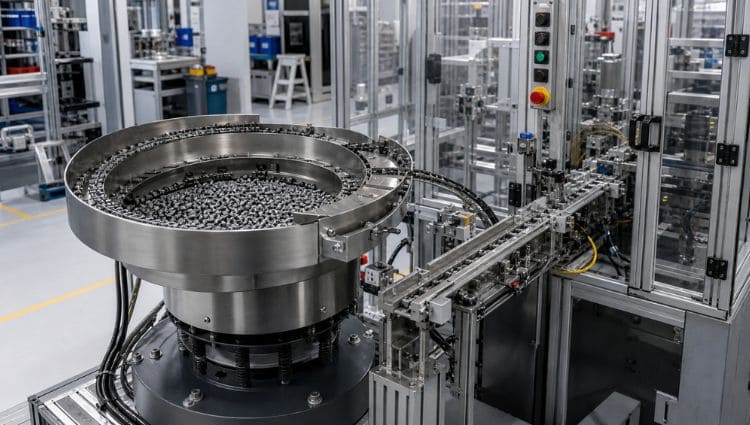Cahier des charges bol vibrant : exemple de bol vibrant industriel dans une ligne de production automatisée.