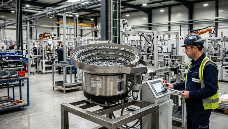 un ouvrier utilise un bol vibrant dans une usine