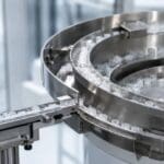 Bol vibrant industriel orientant des pièces fragiles en plastique sur une ligne d’alimentation automatique