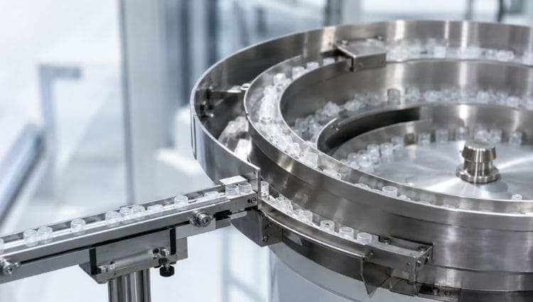 Bol vibrant industriel orientant des pièces fragiles en plastique sur une ligne d’alimentation automatique