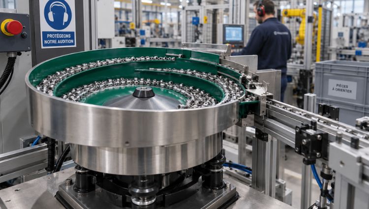 Bol vibrant industriel dans une usine pour l’orientation de pièces métalliques